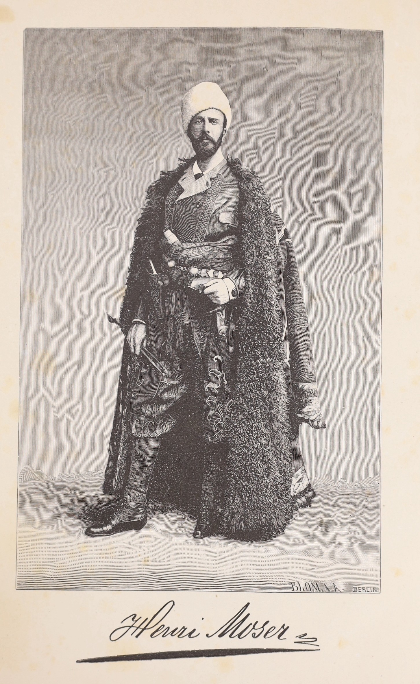 Moser, Heinrich, the Younger - Durch Central-Asian, 4to, pictorial cloth, with portrait frontis and 16 plates, a large folding map at rear, with a tear, F.A. Brockhaus, Leipzig, 1888